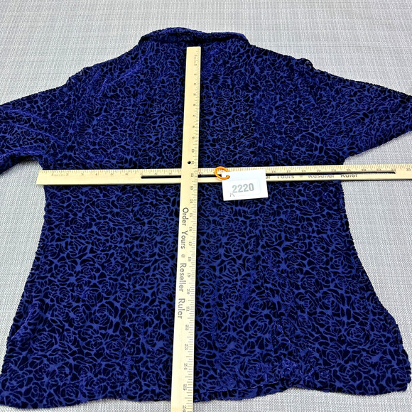 Merona Burnout Top Womens Large Blue Roses Mother of‎ Pearl Buttons Sheer Silk - Picture 4 of 8